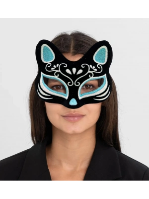 Siyah Süet Gümüş Mavi Simli Kedi Maskesi