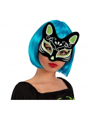 Siyah Süet Kaplama Gümüş Yeşil Simli Kedi Maskesi