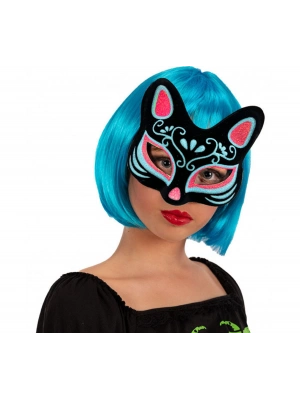 Siyah Süet Mavi Kırmızı Simli Kedi Maskesi