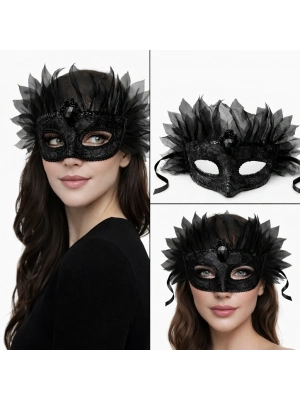 ® Siyah Taşlı Venedik Maskesi Lüks Tüllü Parti Maskesi
