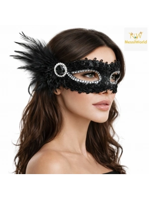® Siyah Taşlı Venedik Parti Maskesi – Tüylü Payetli