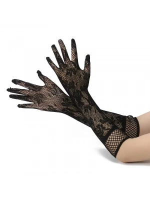 Siyah Uzun Gül Desenli Dantel Kadın Eldiveni