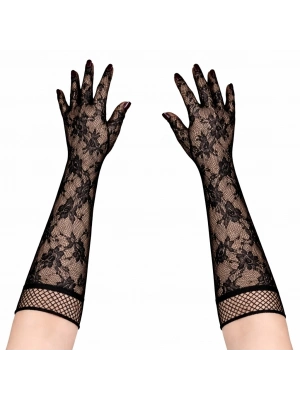 Siyah Uzun Gül Desenli Dantel Kadın Eldiveni