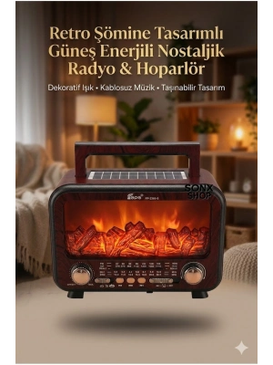 ® Şömine Alev Efektli  Bluetooth Hoparlör Radyo – Güneş Enerjili