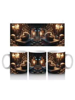 Şömine Başında Kitap Okuyan Cadı Figürlü Sıcak Cadılar Bayramı Baskılı Kupa Bardak