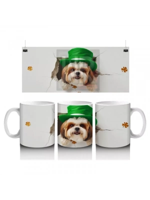 St. Patrick Şapkalı Bıyıklı Sevimli Köpek – Baskılı Kahve Kupası