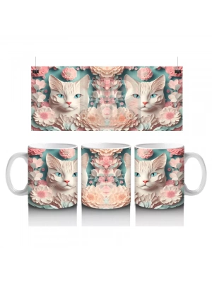 Süslemeli Fon Üzerinde Ayna Yansımalı Kediler – Baskılı Kahve Kupası