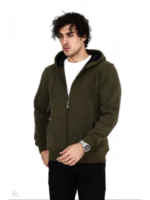 Tam Fermuarlı Kapşonlu  SweatShirt - Haki -