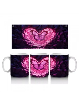 Taşlar Arasında Pembe Kalp ve Kelebek – Baskılı Kahve Kupası