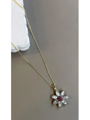 Taşlı Çiçek Kolye - Altın