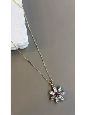 Taşlı Çiçek Kolye - Altın
