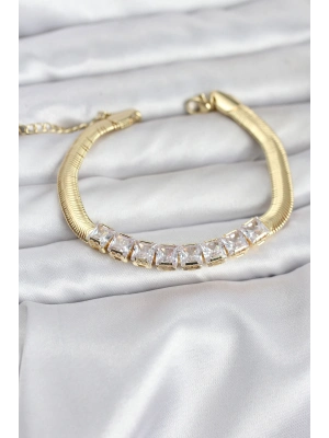 316L Çelik Gold Renk Kare Zirkon Taşlı Yılan Zincirli Kadın Bileklik
