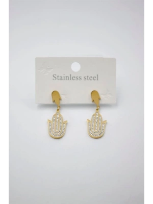 Taşlı Fatıma Eli Küpe - Altın