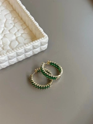 Taşlı Halka Küpe - Yeşil