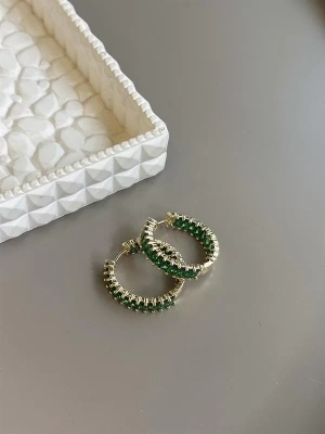 Taşlı Halka Küpe - Yeşil