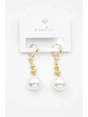 Taşlı İnci Küpe - Altın