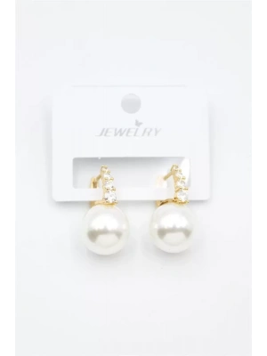 Taşlı İnci Küpe - Altın