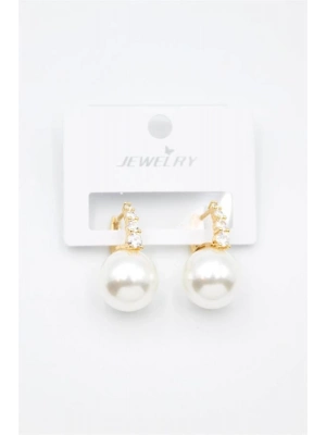 Taşlı İnci Küpe - Altın