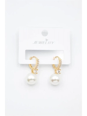 Taşlı İnci Küpe - Altın