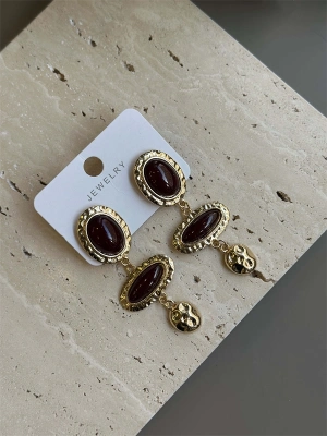 Taşlı Küpe - Kahverengi