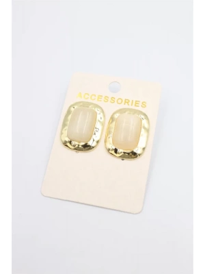 Taşlı Metal Küpe - Krem