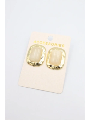 Taşlı Metal Küpe - Krem