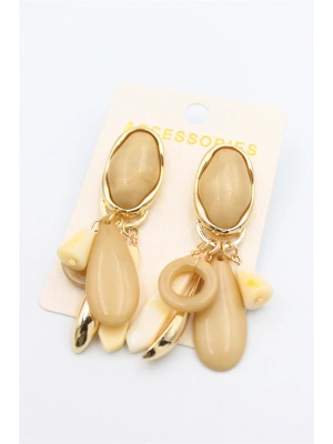 Taşlı Sallantılı Küpe - Açık Kahverengi