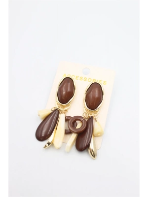 Taşlı Sallantılı Küpe - Kahverengi