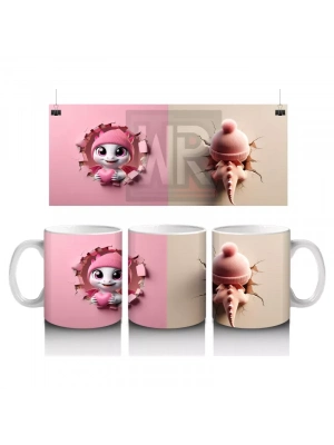Tatlı Gülümsemeli Sevimli Pembe Dinozor Yavrusu (Çift Açı) - Baskılı kahve kupası