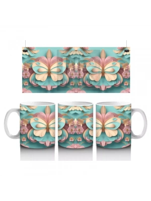 Tatlı Tonlarda Simetrik Kelebek Deseni – Baskılı Kahve Kupası