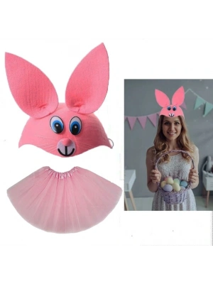 Tavşan Kostümü Pembe - 23 Nisan Tavşan Şapka Ve Tütü Etek Seti 2 Parça