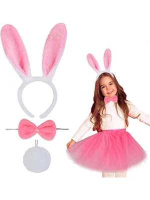 Tavşan Tacı Eteği Papyonu Ve Kuyruk Kostüm  Seti Pembe Renk Çocuk Boy