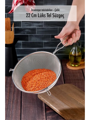 Tencereye Takılan 22 Cm Lüks Orta Boy Çelik Tel Süzgeç & Kevgir