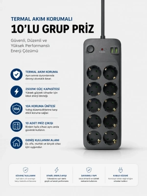 Termal Akım Korumalı USB Type-C Girişli 10lu Grup Priz 2500W Güç Kapasitesi