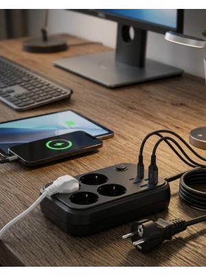 Termal Korumalı Uzatma Kablosu 4 Priz USB ve Type C Çoklu Şarj İstasyonu