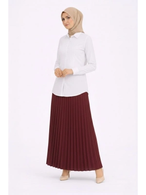 Tesettür Beyaz Gömlekli Pliseli Etek İkili Takım Gündelik ve Ofis Şıklığı - Bordo