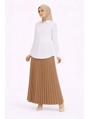 Tesettür Beyaz Gömlekli Pliseli Etek İkili Takım Gündelik ve Ofis Şıklığı - Kahverengi