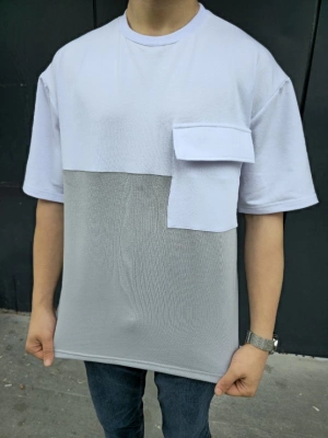 Torba Cep Detaylı Parçalı T-Shirt - Gri -