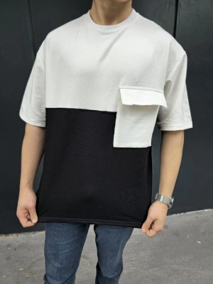 Torba Cep Detaylı Parçalı T-Shirt - Siyah -