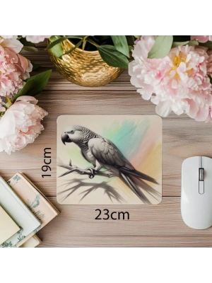 Tropikal Dokunuşlu El Çizimi Papağan Tasarımı - 19x23 cm 2 mm Dikdörtgen İthal Baskılı Mouse Pad
