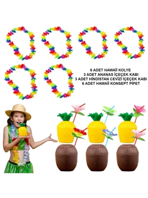 Tropikal Hawaii Parti Malzemeleri – Kolye, Pipet, Bardak Seti