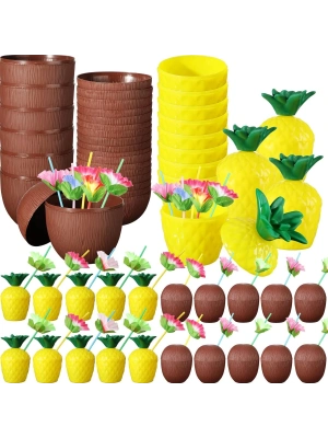 Tropikal Parti Bardak Seti – Ananas Ve Hindistan Cevizi Şekilli Pipetli Bardaklar (20 Adet)