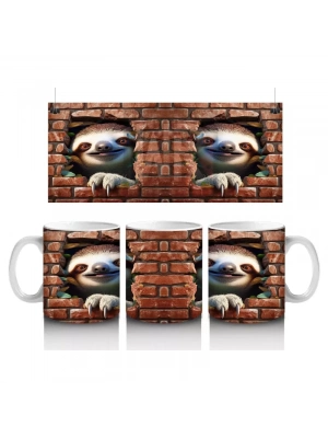 Tuğla Duvar Önünde Gülümseyen Tembel Hayvan – Baskılı Kahve Kupası