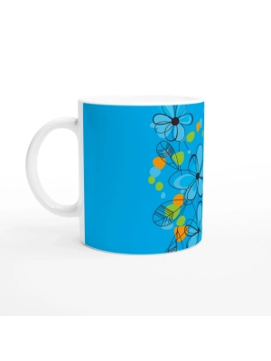 Turkuaz Çizgi Çiçekli Kupa Bardak