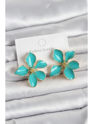 Turkuaz Mineli Çiçek Model Pirinç Kadın Küpe