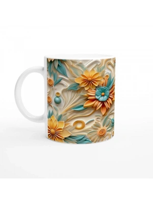 Turkuaz ve Sarı Spiral Çiçekli Kupa Bardak