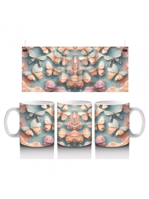 Turkuaz ve Şeftali Tonlarında Rölyef Kelebekler – Baskılı Kahve Kupası