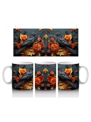 Turuncu Çiçekler Arasında Karga Silueti – Baskılı Kahve Kupası