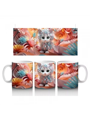 Turuncu Çiçeklerle Çevrili Parlak Gözlü Kedi – Baskılı Kahve Kupası