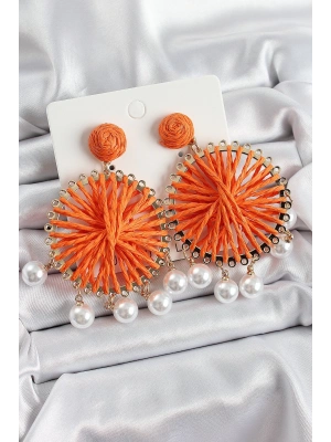 ® Turuncu Hasır Örgü Sarmal Model Sallantılı İnci Detaylı Gold Renk Kadın Küpe